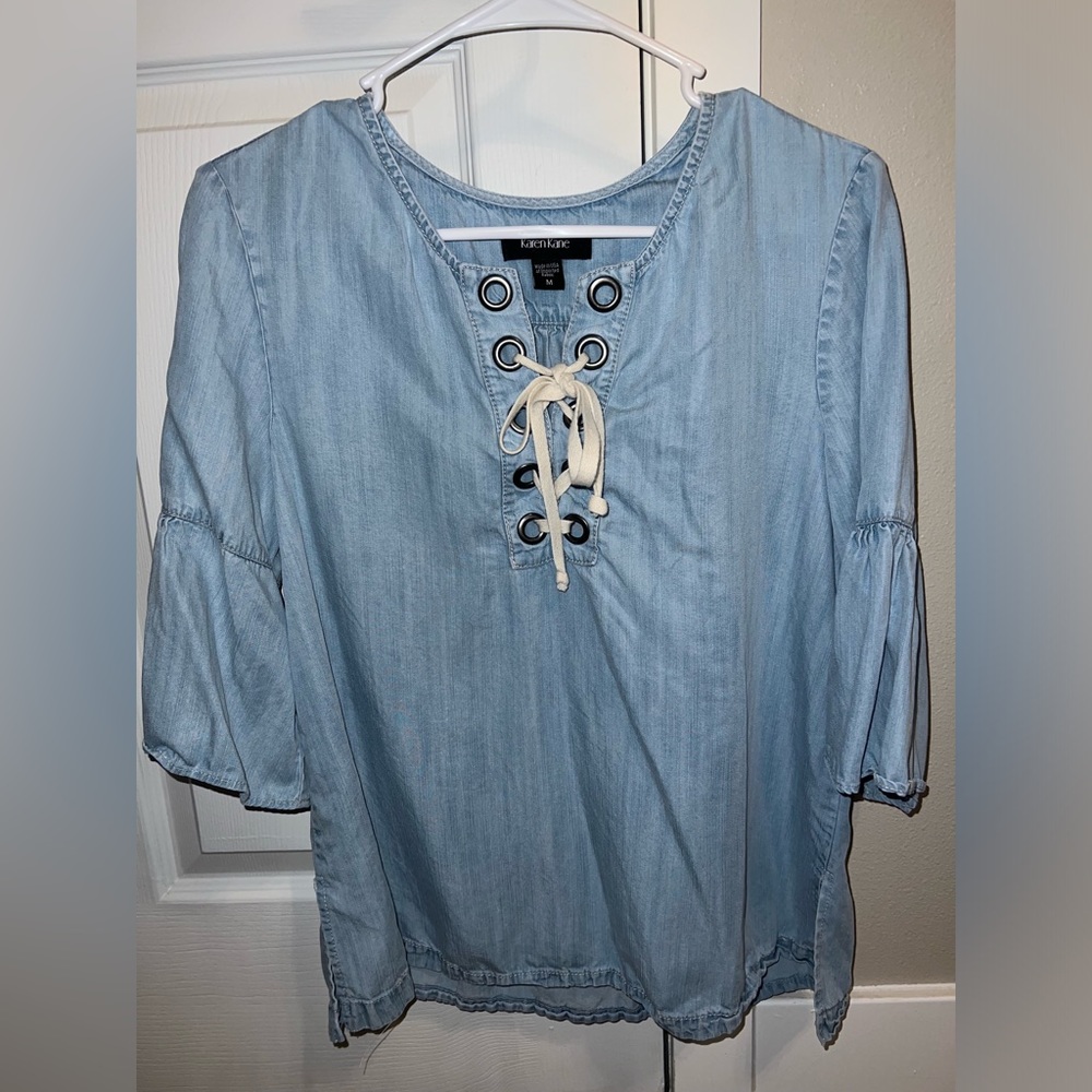 Karen Kane Blue Tensel Bell Sleeve Lace-Up Blouse